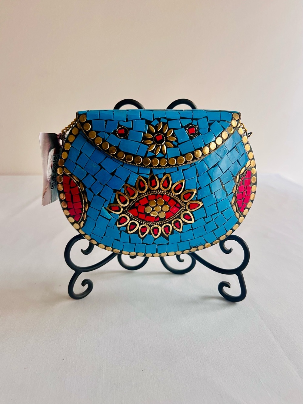 Turquoise Mosaic Half-Moon Crossbody Bag with Red and Gold Accents